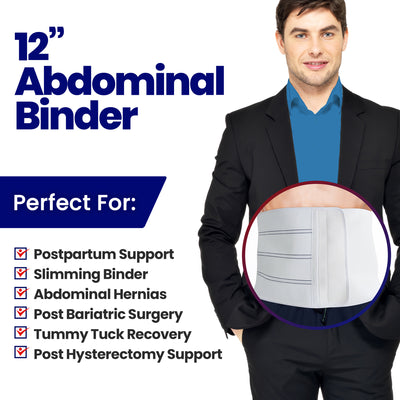 Abdominal Binder Post Surgery for Women or Men - 12" Wide Stomach Support
